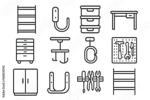 Garage Organization Icons. Outline icon set of garage storage organization: storage rack, wall hook, labeled