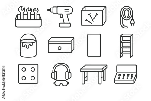 Garage Storage Icons. Outline vector icons of garage shelf zoning: tool tray, power drill, nail bin, cord