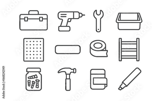 Garage Storage Icons. Outline icon set of garage storage labels: toolbox, power drill, wrench, storage bin,