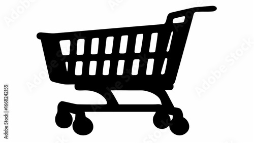 Illustration of a black shopping cart with a basket and four wheels on a white background image view
