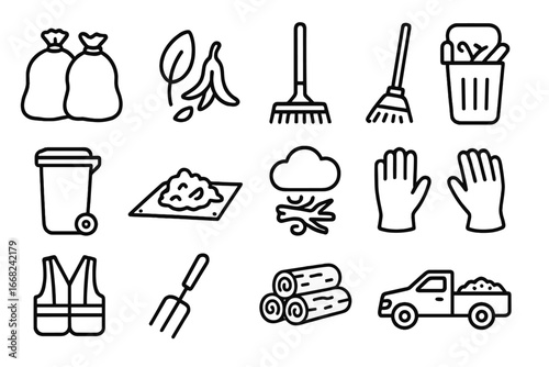 Garden Cleanup Icons. Outline icon set of garden cleanup and debris control: trash bags, compostable waste