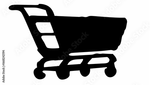 A simple black and white silhouette of a shopping cart with a handle and four wheels in a store