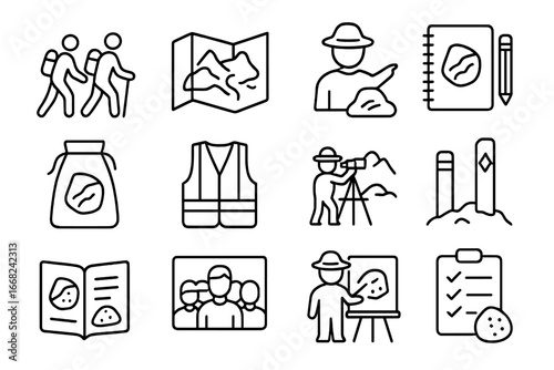 Geology Field Trip Icons. Outline vector icons of geology field trips: group hike, geology map, instructor,