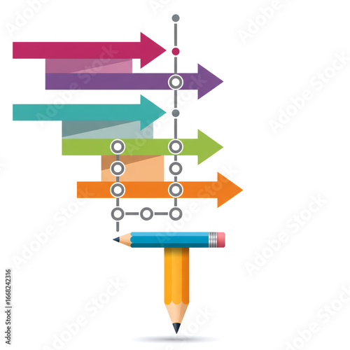 Colorful hierarchical arrows with pencil on white background – flat infographic design