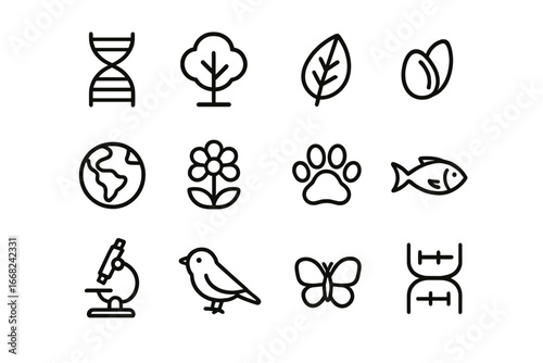Genetic Ecosystem Icons. Outline icon set of ecosystem restoration through genetics: DNA strand, tree, leaf,