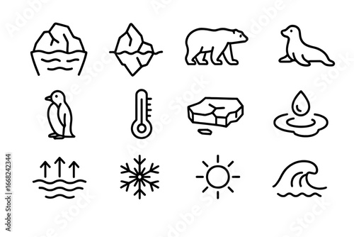 Glacier Melting Icons. Outline icon set of glacier melting: glacier, iceberg, polar bear, seal, penguin,