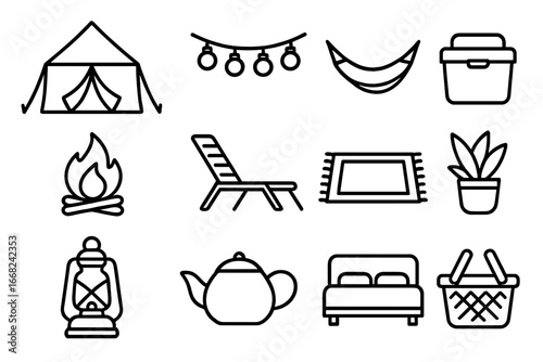 Glamping Icon Set. Outline icon set of glamping: luxury tent, fairy lights, hammock, cooler, campfire, lounge