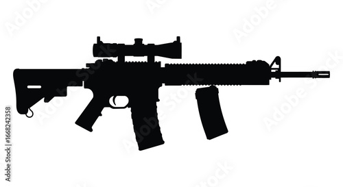 Black silhouette of a rifle with scope on white background