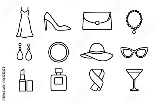 Glamorous Summer Fashion Icons. Outline icon set of glamorous summer fashion for evenings: evening dress, high