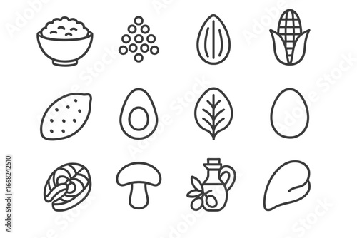 Gluten-Free Food Icons. Outline icon set of gluten-free staples: rice bowl, quinoa, almond, corn cob, sweet