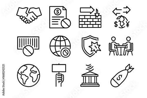Global Trade Conflict Icons. Outline icon set of global trade conflict: broken handshake, sanction icon,