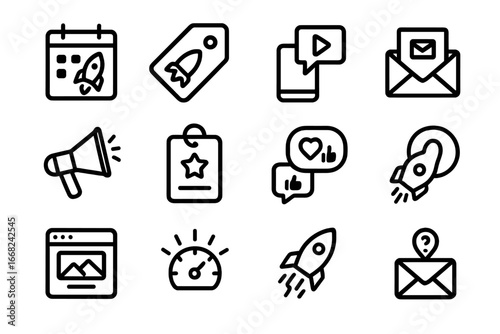 Go-To-Market Icon Set. Outline icon set of go-to-market planning: launch calendar, pre-order icon, social