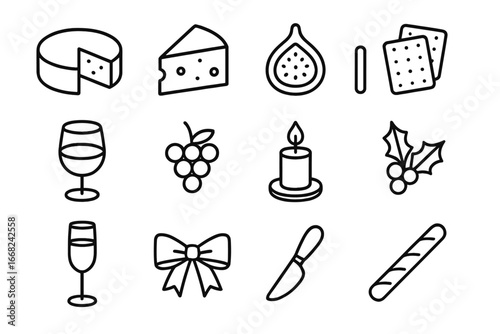 Gourmet Festive Platter Icons. Outline icon set of gourmet festive platter: cheese wheel, cheese wedge, fig