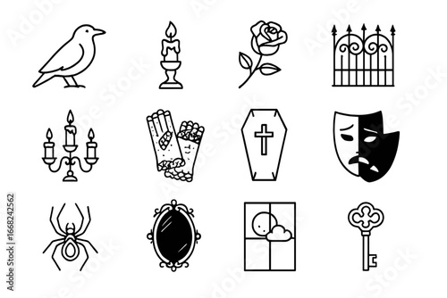 Gothic Halloween Icons. Outline icon set of gothic Halloween party: raven, gothic candle, black rose, iron