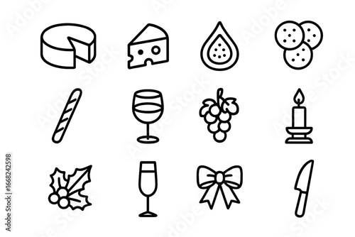 Gourmet Festive Platter Icons. Outline icon set of gourmet festive platter: cheese wheel, cheese wedge, fig