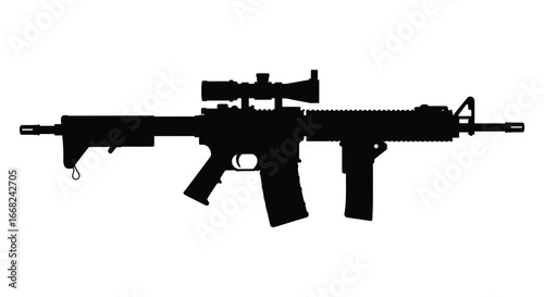 Black silhouette of a rifle with scope on white background