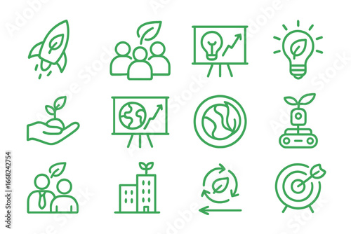 Green Startup Icons. Outline icon set of green startups: rocket leaf, eco team, innovation board, clean energy