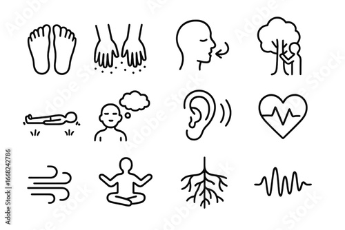 Grounding Techniques Icons. Outline icon set of grounding techniques outdoors: bare feet, hands in soil,