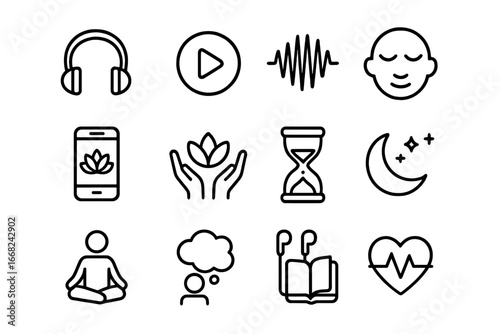 Guided Meditation Icons. Outline icon set of guided meditation: headphones, play button, voice wave, calm face