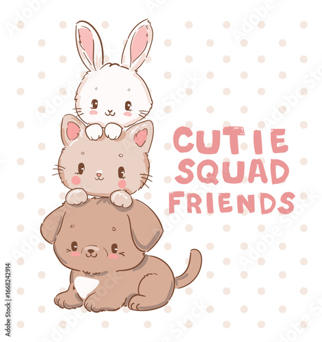 Cute animal squad friends illustration, adorable bunny, kitten and puppy cartoon drawing for kids t-shirt design, baby print, kawaii vector art