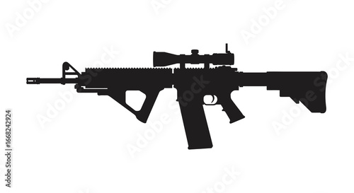 Black silhouette of a rifle with scope on white background