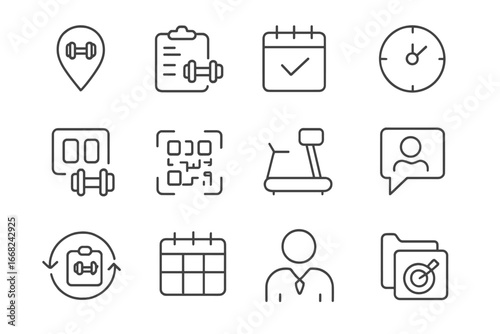 Gym App Outline Icons. Outline vector icons of gym companion apps: gym map, equipment log, workout history,