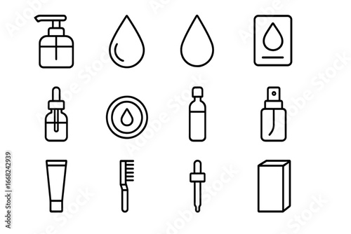 Hair Oil Icons. Outline icon set of moisturizing hair oils: pump bottle, oil droplet, water droplet, label,
