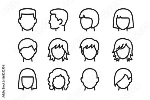 Haircut Icons Grid. Outline icon set of haircut styles: crew cut, fade, undercut, bob, pixie, shag, mullet,