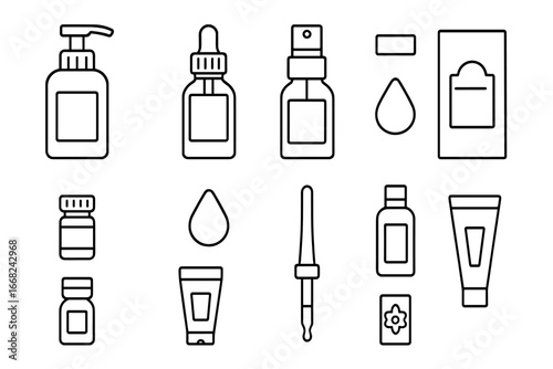 Hair Serum Icons. Outline icon set of hair serum and oil bottles: pump bottle, dropper bottle, spray bottle,