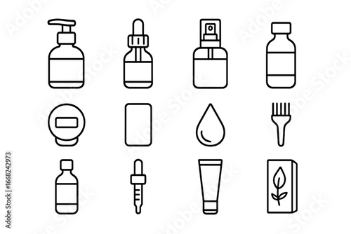 Hair Serum Icons. Outline icon set of hair serum and oil bottles: pump bottle, dropper bottle, spray bottle,