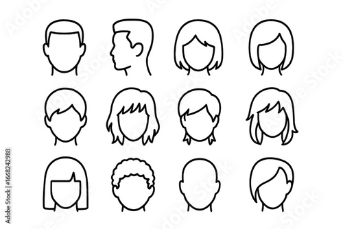 Haircut Icons Grid. Outline icon set of haircut styles: crew cut, fade, undercut, bob, pixie, shag, mullet,