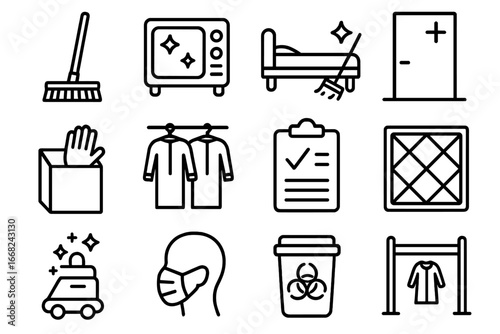 Healthcare Cleanliness Icons. Outline icon set of healthcare facility cleanliness: hospital mop, sterilizer