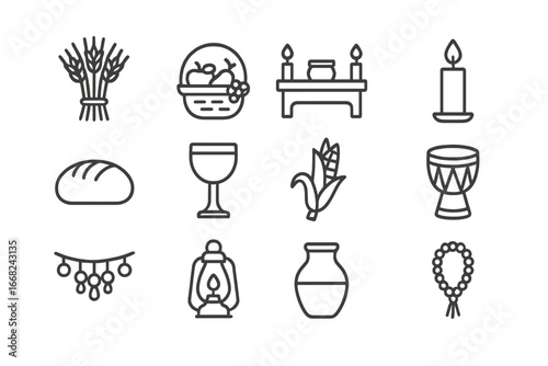 Harvest Ritual Icons. Outline icon set of harvest rituals: grain sheaf, fruit basket, altar, candle, bread