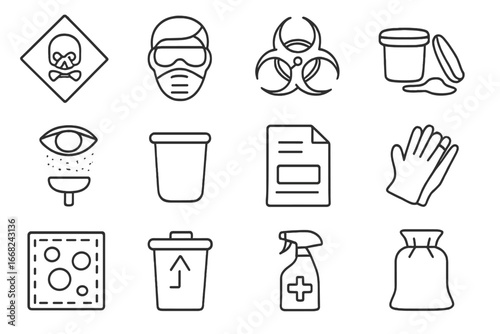 Hazardous Material Icons. Outline vector icons of hazardous material handling: chemical label, PPE icon,
