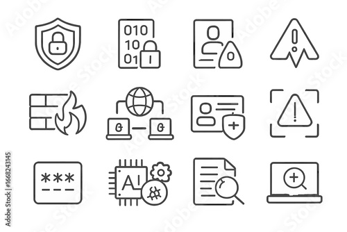Healthcare Cybersecurity Icons. Outline vector icons of healthcare cybersecurity with AI: shield lock, data