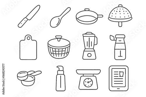 Healthy Cooking Tools. Outline icon set of healthy cooking tools: chef’s knife, wooden spoon, non-stick pan,