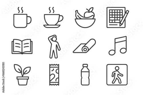 Healthy Break Icons. Outline icon set of healthy break ideas: coffee mug, tea cup, fruit bowl, crossword