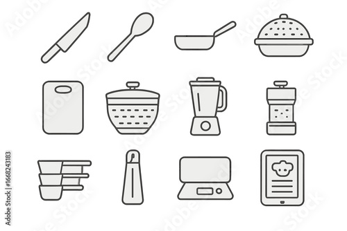 Healthy Cooking Tools. Outline icon set of healthy cooking tools: chef’s knife, wooden spoon, non-stick pan,
