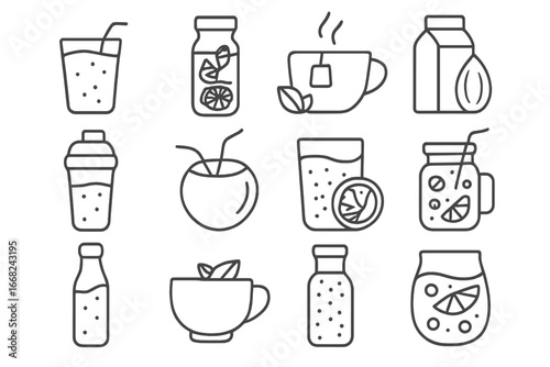 Healthy Drinks Icons. Outline icon set of healthy drinks: green smoothie, detox water, herbal tea, almond milk