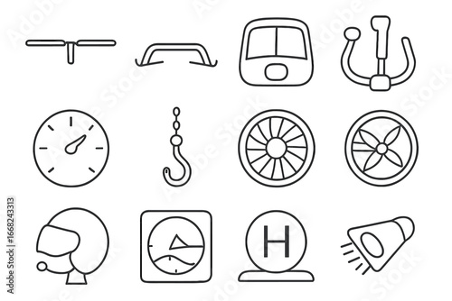 Helicopter Icon Set. Outline icon set of helicopter aviation: rotor blades, landing skids, helicopter cockpit,
