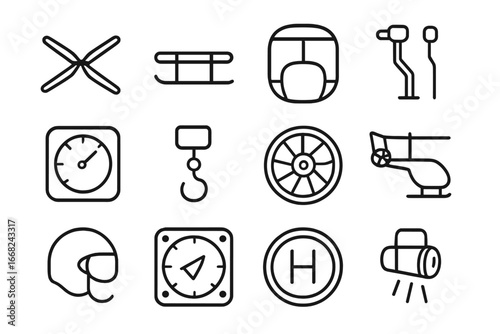 Helicopter Icon Set. Outline icon set of helicopter aviation: rotor blades, landing skids, helicopter cockpit,