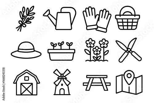 Herbal Garden Tour Icons. Outline icon set of herbal garden tours: herb bunch, watering can, gloves, basket,