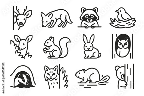 Hidden Wildlife Icons. Outline icon set of hidden wildlife moments: peeking deer, sniffing fox, curious