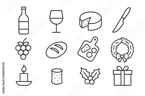 Holiday Wine & Cheese. Outline icon set of holiday-themed wine and cheese tasting: wine bottle, wine glass,