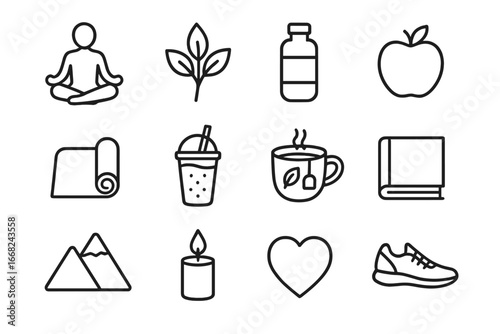 Holistic Health Icons. Outline icon set of holistic health lifestyle: meditation pose, plant, water bottle,