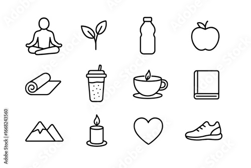 Holistic Health Icons. Outline icon set of holistic health lifestyle: meditation pose, plant, water bottle,