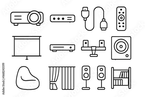 Home Cinema Icons. Outline icon set of home cinema setup: projector, soundbar, HDMI cable, remote control,