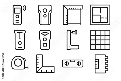 Home Renovation Tools Icons. Outline icon set of home renovation measuring tools: laser measurer, stud finder,