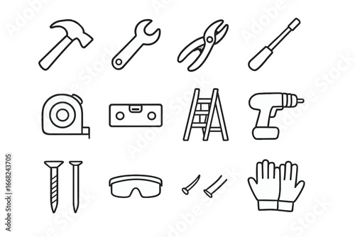 Home Repair Icons. Outline icon set of home repair essentials: hammer, wrench, pliers, screwdriver, measuring