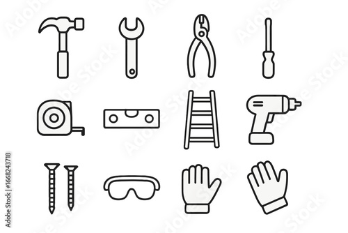 Home Repair Icons. Outline icon set of home repair essentials: hammer, wrench, pliers, screwdriver, measuring